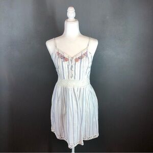 Abercrombie & Fitch White Blue Striped Embroidered Lace Pierced Skater Dress